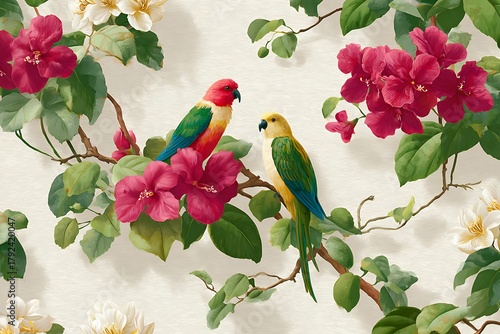Romantic vintage style painting of small birds resting on an ornate tree branch