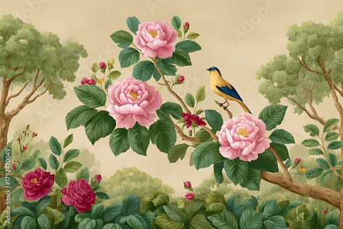 Romantic vintage style painting of small birds resting on an ornate tree branch