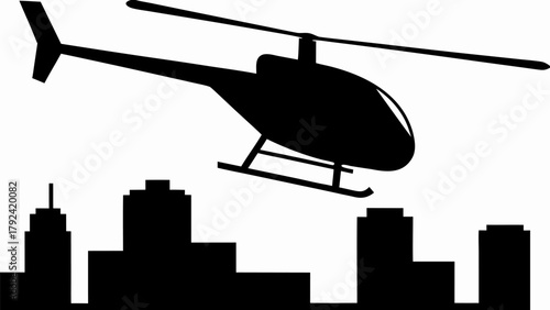 Helicopter soars above city skyline, modern transportation in urban landscape, originally vector graphics