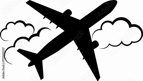 Modern airplane flying through clouds for travel adventures and transportation designs, scalable vector graphic