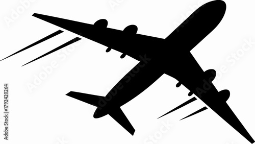 Dynamic airplane silhouette soaring through sky with speed lines, evoking travel adventure