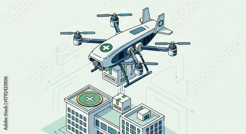 Drone delivering medicine to hospital, showcasing the future of healthcare with fast and efficient medical supply delivery system