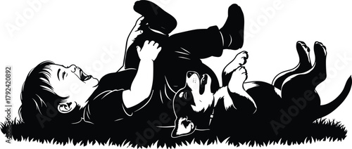 Flat vector, baby and puppy lying, playful moment on grass, silhouette illustration, child with dog, cute pet bonding scene