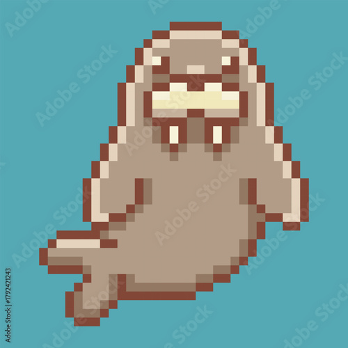 A retro pixel art of cute walrus character. This 8-bit illustration of the tusked arctic mammal is a perfect symbol for winter, cold climates, and marine wildlife