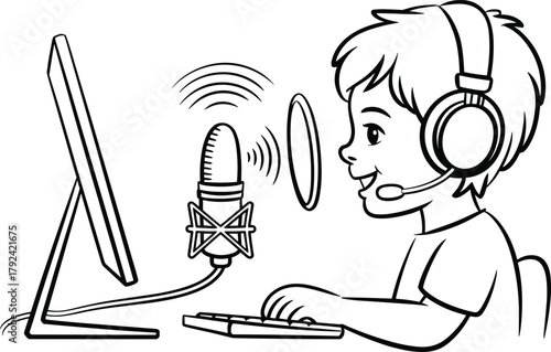 Kid recording podcast, child streamer illustration, boy using computer and microphone, online broadcasting concept, cartoon drawing, digital communication art