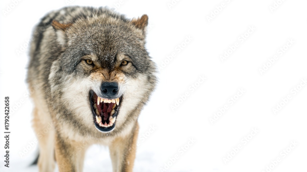 Obraz premium Snarling Wolf With Bared Teeth In Snowy Winter Scene 