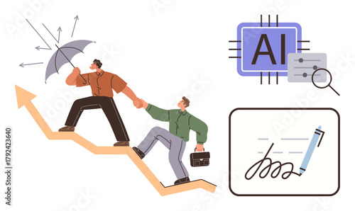 Two professionals climbing an arrow graph, one shielding with an umbrella, AI chip, and digital signature. Ideal for teamwork, leadership, technology, AI innovation strategy progress. Simple flat