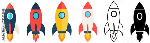 Rocket icon set showing startup launch symbols for technology, innovation, and business growth. Rocket launch icon set. Startup rocket symbol set. space, rocket, launch, vector, icon