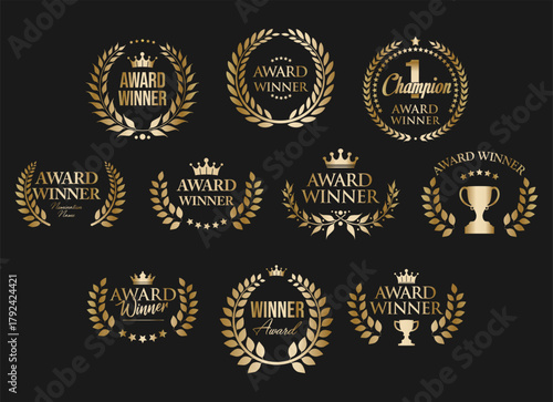 Award Winner emblem and badges collection of gold laurel wreath isolated on black background 