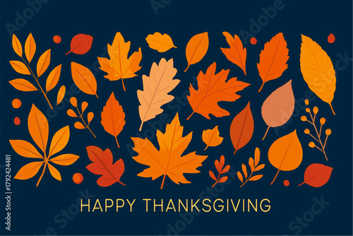 Happy thanksgiving day horizontal banner festive fall background with autumn, seasonal leaves, orange flowers in a seamless pattern and lettering on Blue background design for web, poster, printable