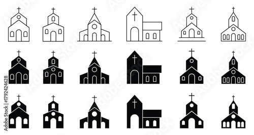 Church building line and solid icon set. Church icon outline and solid symbol. Church icons set. Vector illustration.