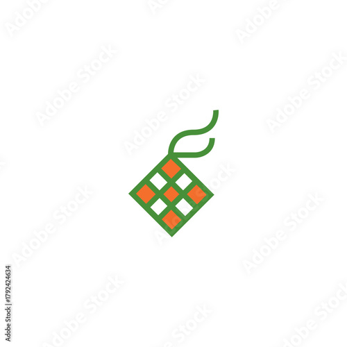 A green and orange checkered gift tag on a white background