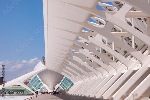 Travel destination. Valencia geometric architecture landmark. Geometric architecture sightseeing. Touristic city arts science. Travel to Valencia. City of arts and sciences. Contemporary landmark