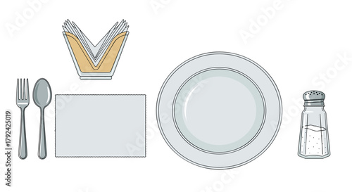 Elegant table setting with plates, silverware, napkin and salt shaker for restaurant menu