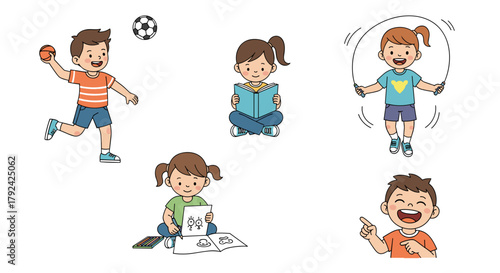 Playful children joyfully engaging in fun activities: reading, jumping rope, drawing, playing ball