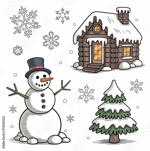 Whimsical red winter weather doodle with snowflakes and frosty elements