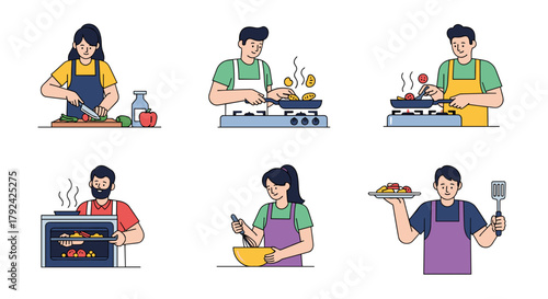 People cooking delicious healthy meals at home, preparing food together with joy and fun