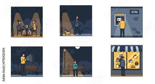 Pixel art night life scenes showcase urban living, perfect for modern designs and apps