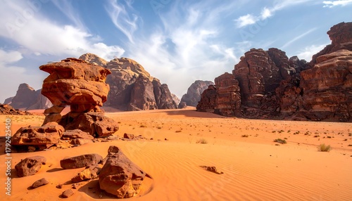 Majestic Desert Landscape of Wadi Rum, Jordan with Red Rock Formations.