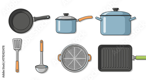 Cooking utensils set for modern kitchen, fry pan, pots, ladle, spatula, grill pan design