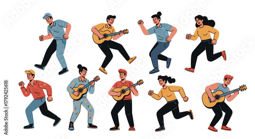 Dynamic group of musicians jamming together, expressing joy through music and movement