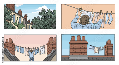 Home chores laundry day drying clothes outside on rooftop clotheslines in neighbourhood