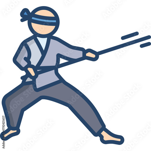 Ninja Warrior Practicing Martial Arts With A Staff In A Dynamic Stance On A Transparent Background