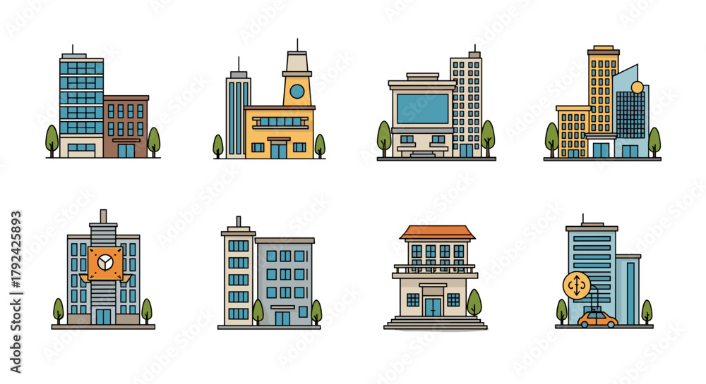 Fototapeta premium City skyline with diverse office buildings and municipal architecture, vector graphics style