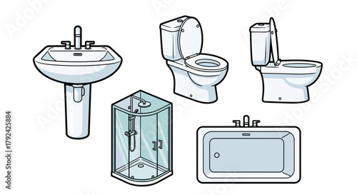 Modern bathroom fixture set featuring sink, toilet, shower stall and bathtub for design needs