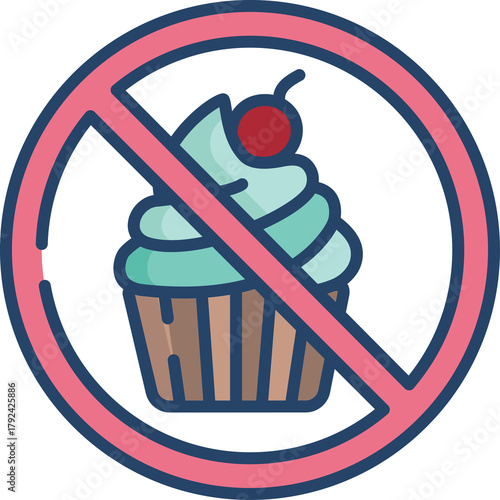 No Sugar Allowed Graphic Icon Representing Dieting And Healthy Eating With A Cupcake Inside A Red Circle With A Line Through It On A Transparent Background