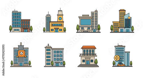 City skyline with diverse office buildings and municipal architecture, vector graphics style