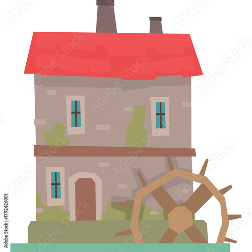 Old Stone Watermill Building With Red Roof and Wooden Wheel Illustration Flat Design