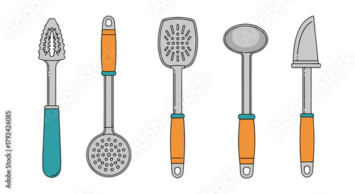 Modern kitchen utensils illustration set with colorful handles, food preparation tools