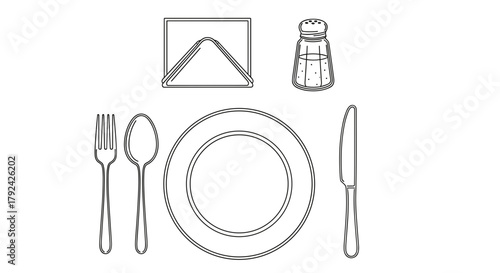 Elegant table setting with plate, silverware, napkin, and shaker for dinner party meal