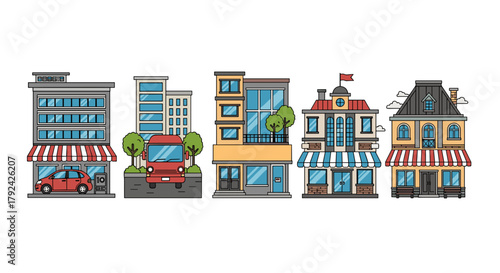 Charming building facade illustrations, small town streetscape, architectural diversity scene