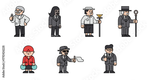 Diverse pixelated characters in suits with accessories, unique retro gaming style concept