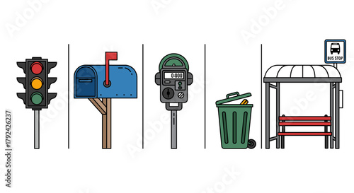 Urban collection: Traffic light, mailbox, parking meter, trash can, and bus stop icons