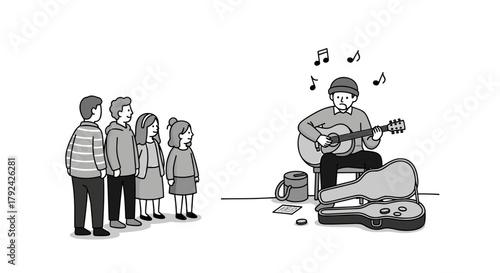 Captivating street musician serenades captivated audience in a charming urban scene