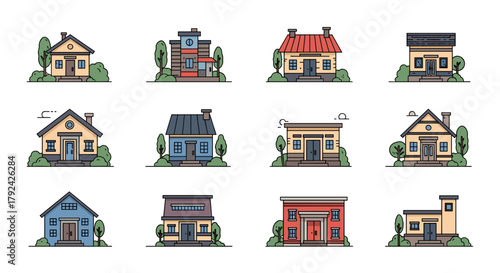 Charming vector homes showcase neighborhood diversity and architectural styles collection