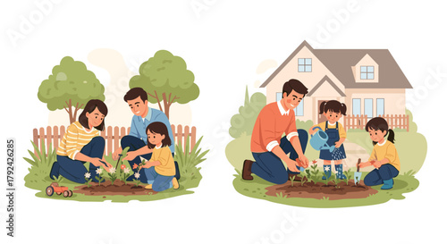 Happy family gardening together, building memories and planting flowers in their yard