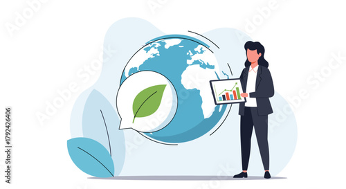 Sustainable business growth, businesswoman showing green initiatives for global impact