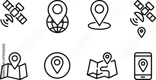 Location and navigation icons set. Map pin, route, destination, global positioning. Outline vector illustrations