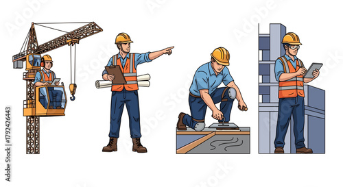 Construction workers at jobsite with crane, blueprint, tablet, level, and safety gear