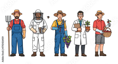 Diverse farmers harvest crops and tend to bees, promoting sustainability and agriculture