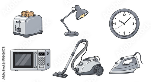 Collection of household appliances for modern living, kitchen and cleaning convenience