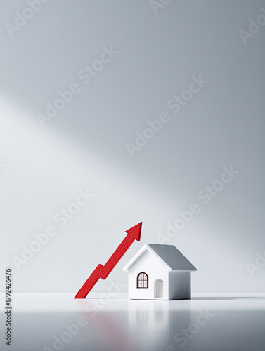 Miniature house with red upward arrow on clean white surface