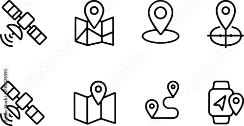 Location and navigation icons set. Map pin, route, destination, global positioning. Outline vector illustrations