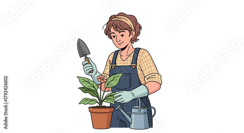 Happy gardener transplants plant, tending to beautiful green leaves in springtime garden