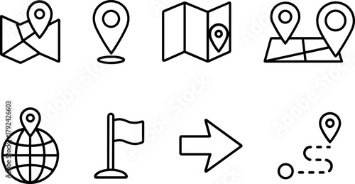 Location and navigation icons set. Map pin, route, destination, global positioning. Outline vector illustrations