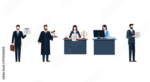 Diverse legal team ready for justice in court, attorneys and staff, law firm illustration